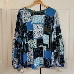 Boutique Blue & Multi-colored Patchwork Long Sleeve Blouse Size Med Lace Balloon